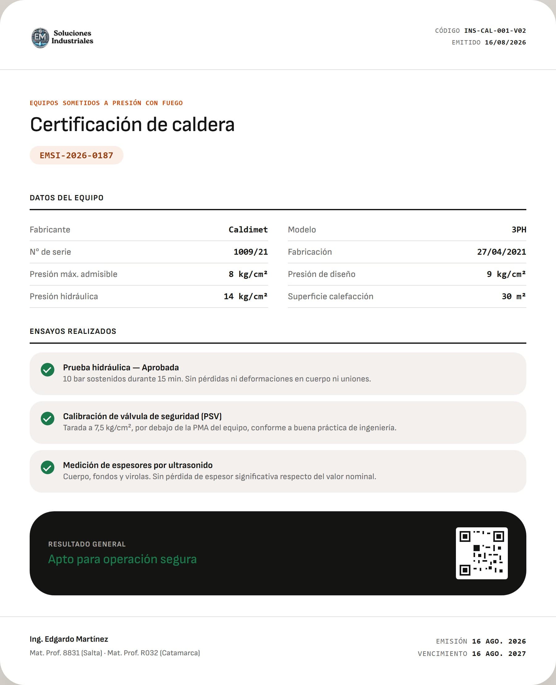 Certificado emitido por EM Soluciones Industriales, con número correlativo y resultado