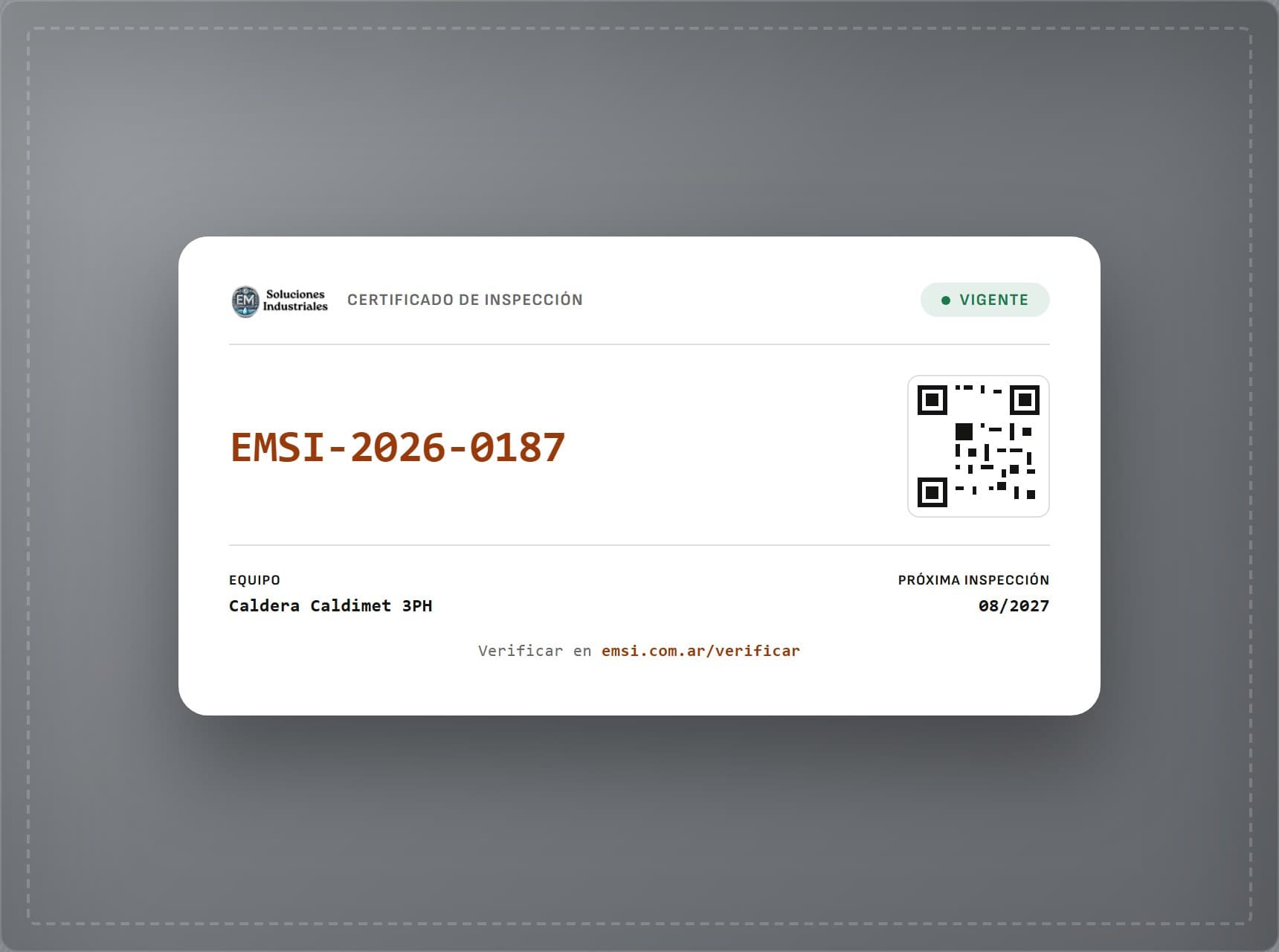 Oblea de EMSI con número de certificado y código QR de verificación